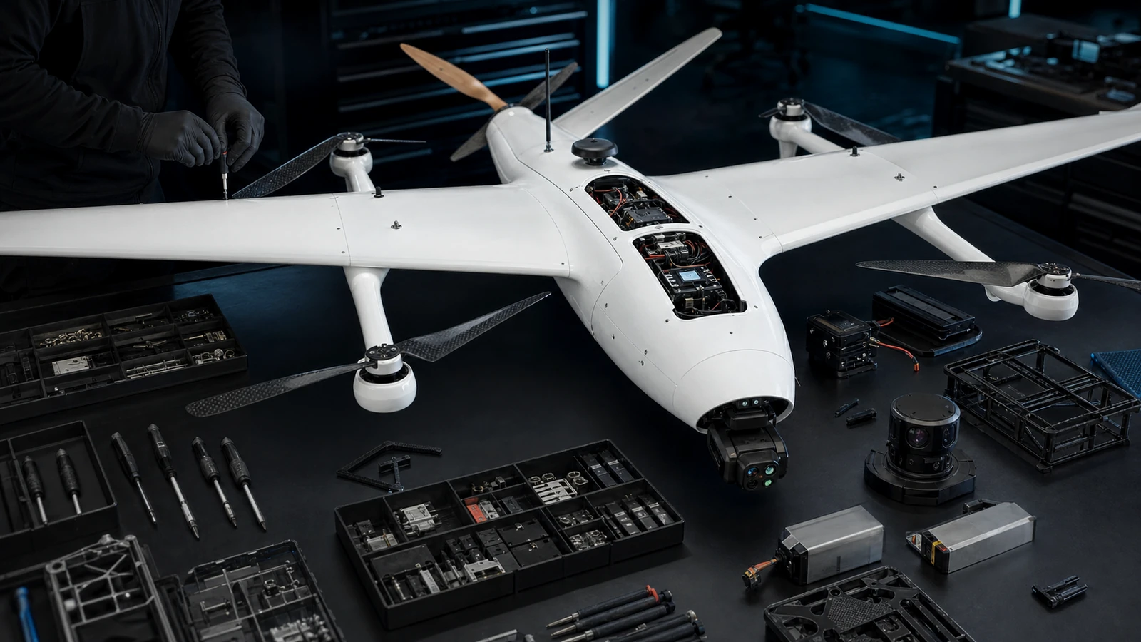 Drone VTOL em linha de montagem com avionica, sensores e payloads