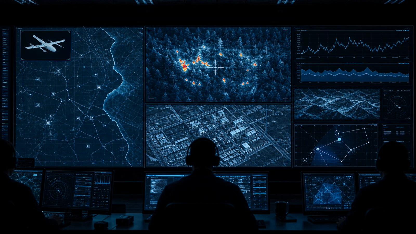 Centro de comando com mapas, termal e telemetria